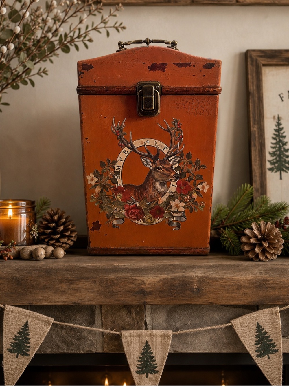 Rustic Wooden Orange Deer Holiday Storage Box